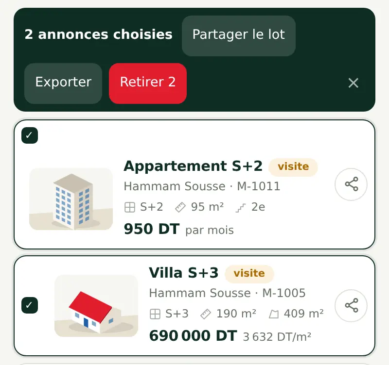 Deux annonces cochées et la barre d’actions : partager le lot, exporter, retirer.